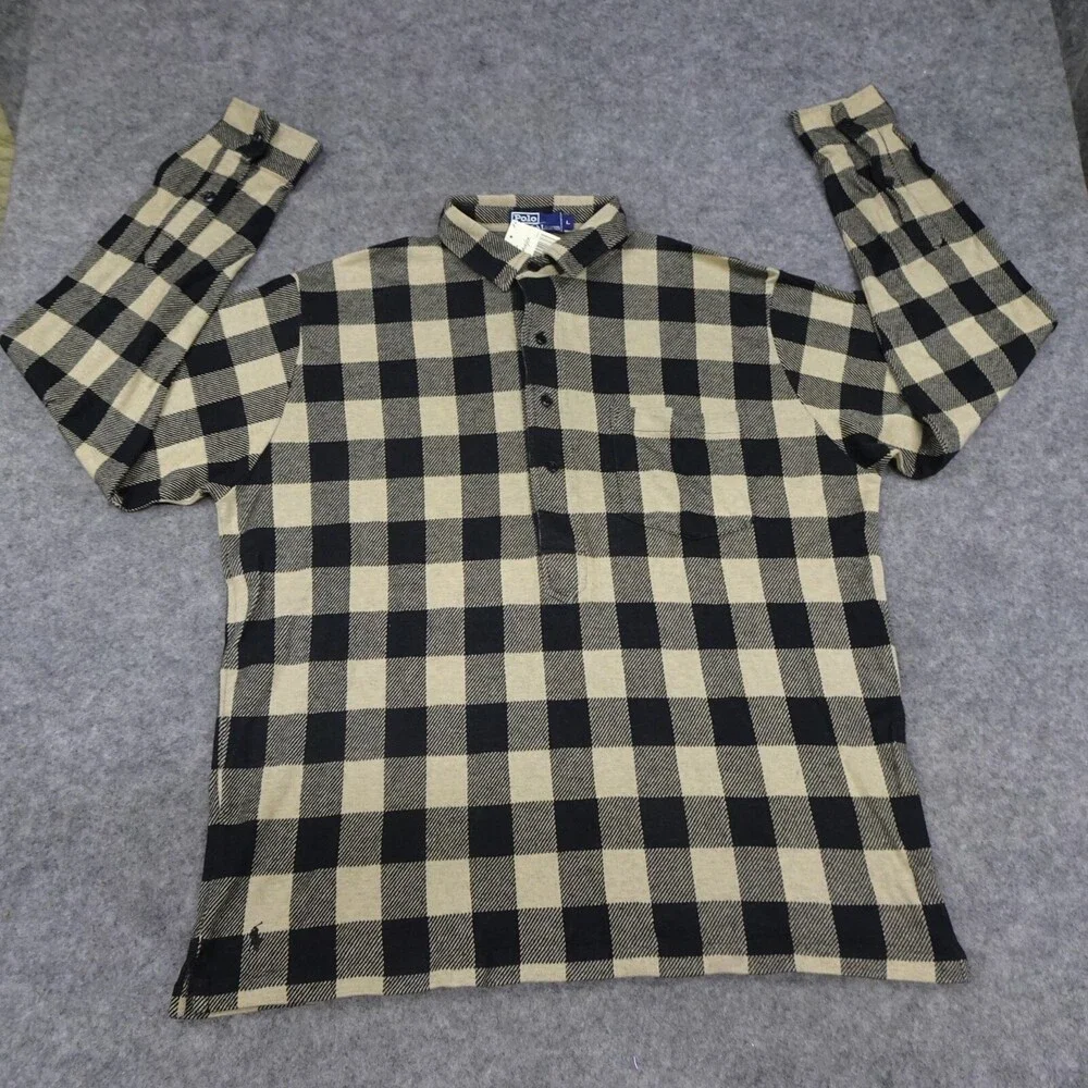Vintage Polo Ralph Lauren Shirt Mens Large 3/4 Button Flannel Check Pocket 90s
